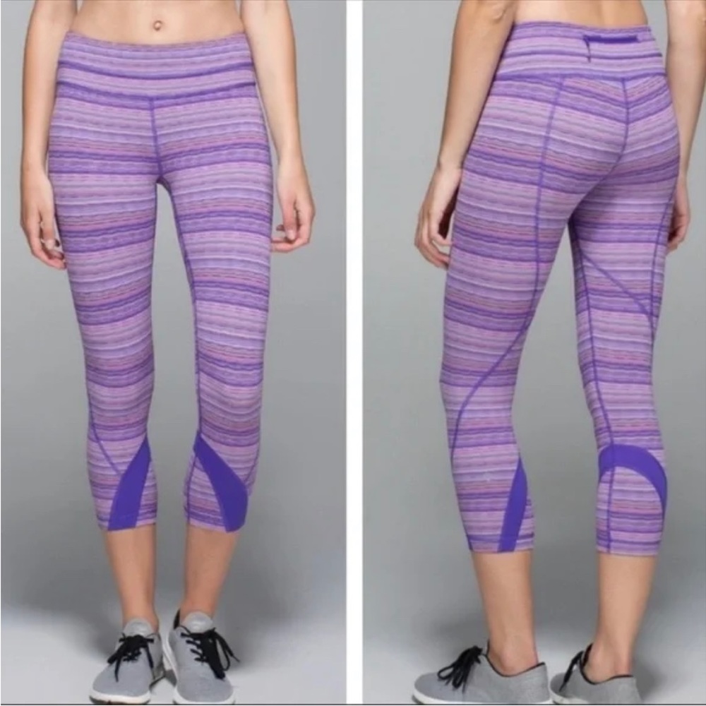 LULULEMON RUN INSPIRE CROP LEGGING MESH RAINBOW MULTICOLOR PATTERN STRIPE Sz4